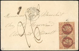 O Paire Du 2c. Rouge-brun Obl. GC 2502 S/lettre Frappée Du CàD De MONTPELLIER Du 16 Juillet 1865 à Destination De CLERMO - 1863-1870 Napoleon III Gelauwerd