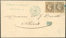 O 30c. Brun-clair X 2 Obl. Ancre Bleue S/lettre Frappée Du Cachet Paquebot Bleu ''LIGNE U PAQ. FR. N°1'' Du 29 Juin 1872 - 1863-1870 Napoléon III. Laure