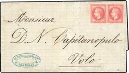 O Paire Du 80c. Rose Obl. Grand Cachet Encadré Bleu ''P.D'' S/lettre à Destination De VOLO. SUP. R. - 1863-1870 Napoléon III. Laure