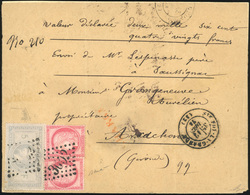 O 5F. Violet-gris + 80c. Rose X 2 Obl. GC 3602 S/lettre Chargée à 2680Frs Frappée Du CàD De STE-FOY LA GRANDE Du 12 Déce - 1863-1870 Napoleon III Gelauwerd