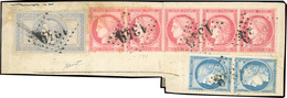 O 5Fr. De L'Empire + 80c. Rose X 5 + 25c. Bleu X 2. Obl. GC 1349 Sur Grand Fragment. Le 5Fr. à Un Double Piquage En Haut - 1863-1870 Napoléon III. Laure