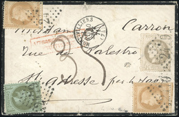 O + 28B. 4c. Gris Report II Perçé En Ligne + 10c. Bistre X 2 + 1c. Bronze Obl. GC 2479 S/lettre Frappée Du CàD De MONTIV - 1870 Ausgabe Bordeaux
