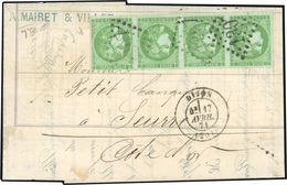 O Bande De 4 Du 5c. Vert-jaune Avec Variété Sur Le 2ème Timbre, Boule Derrière La Tête (1 Timbre Avec Déf.) Report II Ob - 1870 Ausgabe Bordeaux