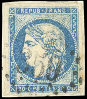 O 20c. Bleu. Type I. Report 1. Obl. Dégageant Le Visage. Grandes Marges. TB. - 1870 Ausgabe Bordeaux