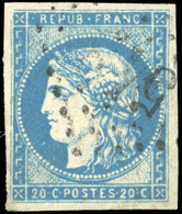 O 20c. Bleu. Type I. Report 1. Obl. Légère GC. Marges égales. TB. - 1870 Ausgabe Bordeaux