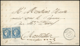 O Paire Du 20c. Bleu Outremer Obl. PC S/lettre Frappée Du Cachet Perlé De VIAS Du 12 Mars 1871 à Destination De MONTPELL - 1870 Ausgabe Bordeaux