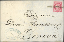 O 80c. Rose Obl. Cursive ''Coi Postali Francesci'' S/lettre De VOLO à Destination De GENEVE. Au Verso, Cachet De NAPOLI. - 1871-1875 Ceres