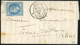 O L'ARMAND BARBES. 20c. Laurés Obl. étoile ''5'' S/lettre Frappée Du CàD De PARIS - R. DE BONDY Du 30 Septembre 1870 à D - Krieg 1870