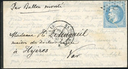 O L'ARMAND BARBES. 20c. Laurés (déf.) Obl. GC 9 S/lettre Frappée Du CàD De PARIS - R. MONTAIGNE Du 3 Octobre 1870 à Dest - Krieg 1870