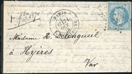 O LE GARIBALDI. 20c. Laurés Obl. GC 9 S/lettre Frappée Du CàD De PARIS - R. MONTAIGNE Du 21 Octobre 1870 à Destination D - Krieg 1870