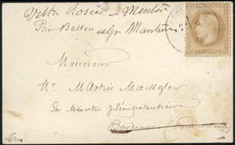 O LE GIRONDE. 10c. Laurés S/carte Frappée Du CàD De PARIS Du 6 Novembre 1870 à Destination De BORDEAUX Puis De MENTON. A - Oorlog 1870