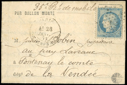 O 20c. Siège Obl. étoile 25 S/formule Imprimée Frappée Du CàD De PARIS - R. SERPENTE Du 28 Janvier 1871 à Destination De - Oorlog 1870