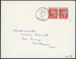 O 50c. Rouge. Paire Obl. Cachet De Dunkerque Sur Lettre Frappée Du CàD De GHYVELDE Du 16 JUILLET 1940 à Destination De D - War Stamps