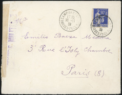 O Timbre De France N°368. 90c. Outremer Obl. S/lettre, Portant Le Cachet ''CENSURE MILITAIRE'', Du Camp D'internement à  - War Stamps