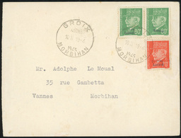 O LORIENT. 70c. Orange + 80c. Vert X 2 Obl. S/devant De Lettre Frappée Du CàD De GROIX Du 18 Avril 1945 à Destination De - Bevrijding