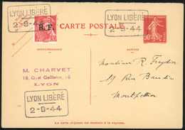 O LYON. Entier Postal Du 90c. Rouge + 30c. Mercure Rouge Obl. S/carte Postale Frappée Du Cachet Encadré ''LYON LIBERE 2. - Bevrijding