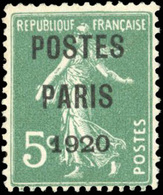 (*) 5c. Vert + 15c. Vert-olive. Surch. ''POSTES PARIS 1920''. Léger Décentrage. TB. - Andere & Zonder Classificatie