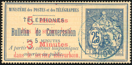 O 25c. Bleu S/chamois. Déf. Surcharge Rouge. 2 Petits Trous. B. - Telegraph And Telephone