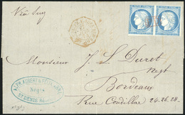 O Paire Du 25c. Bleu (déf.) S/lettre Manuscrite De ST-DENIS REUNION Du 23 Mai 1874 à Destination De BORDEAUX. Cachet Oct - Other & Unclassified