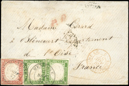 O Timbres De SARDAIGNE, 5c. Vert-jaune X 2 + 40c. Rouge Obl. S/lettre Frappée Du CàD De MENTONE Du 17 Novembre 1857 à De - Sonstige & Ohne Zuordnung