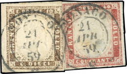 O Timbre De Sardaigne N°11-13. 10c. Bistre. + 40c. Rouge. Sur Fragment. Obl CàD MONACO 21/4/59. Cachet MONACO Sur Chaque - Andere & Zonder Classificatie