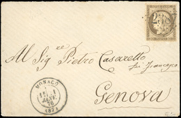 O Timbre De France N°56, 30c. Brun Obl. GC 2387 S/lettre Frappée Du CàD De MONACO Du 21 Janvier 1876 à Destination De GE - Andere & Zonder Classificatie