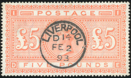 O 1884. 5£. Orange. White Paper. Wmk. Anchor. Perf.14. Used. Cancelled By Superb 'Liverpool' Cds. Is Genuine. - Other & Unclassified