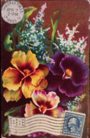 Cpa, Fantaisie, Fleurs (pensées) , "Birthday Greetings" ( Anniversaire), Oblitération Collée, Chicopee Falls 1911 (USA) - Anniversaire