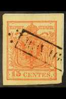 LOMBARDY-VENETIA  1851 15c Vermilion, Type II On Vertically Ribbed Paper, Sass 15, Mi 3XRII, Superb Used On Small Fragme - Other & Unclassified