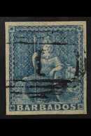 1852 IMPERF  (1d) Blue Britannia, SG 3, Very Fine Used With Large Even Margins All Round And Light "1" Barred Cancel. Lo - Barbados (...-1966)