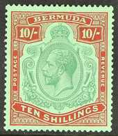 1924  10s Green And Red On Pale Emerald, Geo V "Keytype", Variety "BREAK IN LINES BELOW LEFT SCROLL", SG 92e, Very Fine  - Bermuda