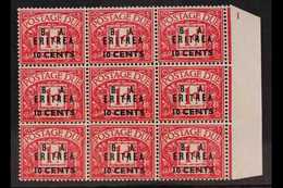 ERITREA  POSTAGE DUE 1950 10c On 1d, SG ED7, Right Marginal BLOCK OF NINE (3 X 3) Never Hinged Mint. For More Images, Pl - Africa Oriental Italiana