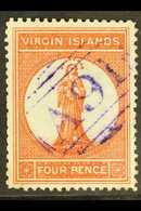 1887-89  (wmk Crown CA) 4d Chestnut, SG 35, With Scarce "A91" VIOLET Cancel. For More Images, Please Visit Http://www.sa - British Virgin Islands