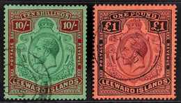 1921 - 32  10s Green And Red On Green And £1 Purple And Black On Red, Geo V Keytypes, SG 79/80, Very Fine Used. (2 Stamp - Leeward  Islands