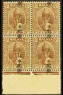 GENERAL ISSUES  Perak 1942 5c Brown Block Of Four From The Bottom Of The Sheet With Dramatic DOWNWARD SHIFT OF OVERPRINT - Sonstige & Ohne Zuordnung