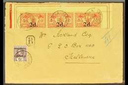 BRITISH  1922 Registered Cover From Vila To Melbourne Franked 2d On 40c (top Pane Strip Of 3) Plus Late Usage 1908 Ed VI - Sonstige & Ohne Zuordnung