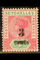 1893  3c On 4c Carmine And Green, Surcharge Double, SG 15b, Mint With Some Toning, Royal Certificate. For More Images, P - Seychellen (...-1976)