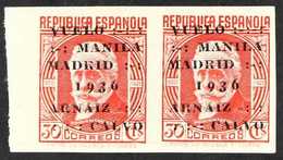 1936  30c Red Overprinted "Vuelo Manila-Madrid 1936", Variety IMPERFORATE, Edifil 741s, HORIZONTAL PAIR, Never Hinged Mi - Autres & Non Classés