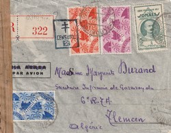 Cote Des Somalis Lettre Recommandée Et Censuré 25 Juin 1944 Pour Tlemcen - Lettres & Documents