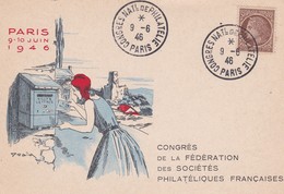 Cpsm 10X15 .CONGRES FEDERATION Stés PHILATELIQUES FRANCAISES  Paris 09/06/19465Illust. DRAIN - Stamps (pictures)