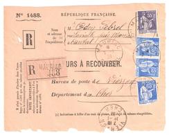 MAURIAC Cantal Lavialle Valeur à Recouvrer N° 1488 Paix 65c Bleu 55c Violet Yv 363 365 Ob 1939 Dest Vierzon Cher Défaut - Briefe U. Dokumente