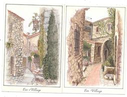 2 Dessins ORIGINAUX AQUARELLE/GOUACHE  Par D.OCCHIMINUTI - Projet Carte Postale COMBIER Macon - EZE-VILLAGE (Alpes-Mmes) - Dessins