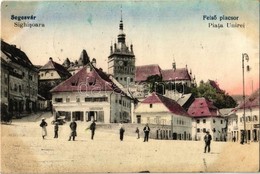 T2/T3 1923 Segesvár, Schässburg, Sighisoara; Felső Piacsor, H. Girscht, Leonhardt üzlete, Óratorony / Piata Unirei / Str - Ohne Zuordnung