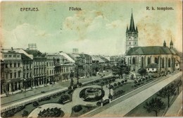 * T3 1911 Eperjes, Presov; Fő Utca, Római Katolikus Templom, Központi Kávéház, üzletek. Divald Károly Fia Kiadása / Main - Ohne Zuordnung