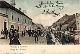 T2/T3 1905 Vukovár, Vukovar; Utcakép Szállodával és üzletekkel. Montázs Hölgyekkel és Urakkal. Kiadja L. H. Freund / Str - Ohne Zuordnung