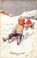 * T2/T3 1911 Boldog Újévet! / New Year Greeting Art Postcard, Children Sledding, Sleigh, Winter Sport. B.K.W.I. 2900-2.  - Ohne Zuordnung