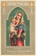 ** T2/T3 St. Maria, Herzlichen Glückwunsch Zum Namenstage / Virgin Mary With Baby Jesus, Religious Name Day Greeting Car - Ohne Zuordnung