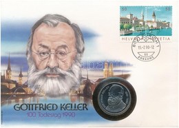 Svájc 1990B 5Fr Cu-Ni "Gottfried Keller" Felbélyegzett Borítékban, Bélyegzéssel T:PP Patina Switzerland 1990B 5 Francs C - Ohne Zuordnung