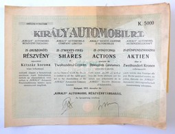 Budapest 1923. "Király Automobil R.T." 25 Részvénye Egyenként 200K-ról, Szelvényekkel, Szárazpecséttel T:III Beszakadáso - Ohne Zuordnung