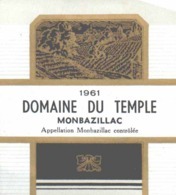 ETIQUETTE - ALCOOL - VIN MONBAZILLAC - DOMAINE DU TEMPLE  - 1961 - Monbazillac